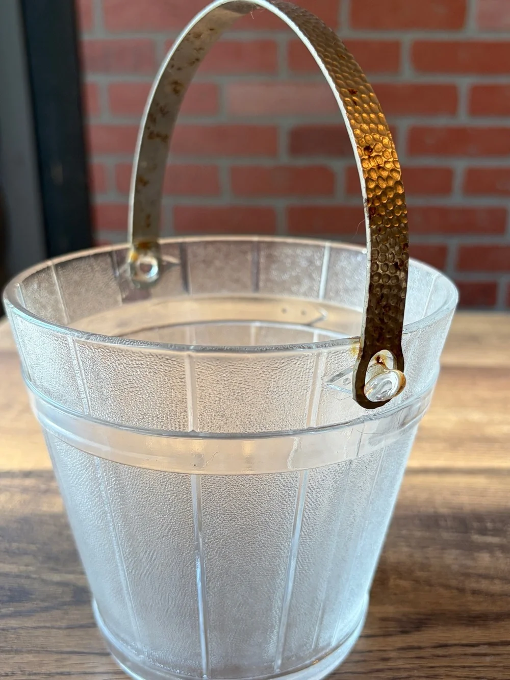Vintage Clear Textured Glass Ice Bucket with Metal Swing Handle~Mid Century Era